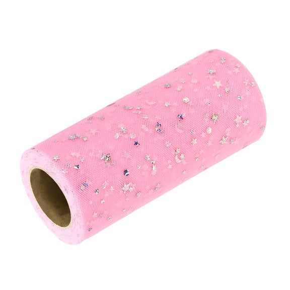 Uxcell Glitter Tulle Ribbon (6 Inch x 25 Yards) - Star Moon Pattern Wide Mesh Ribbon Sparkle Fabric Tulle Rolls, for DIY Tutu Skirt Bow Wedding Decor Gift Wrapping, Pink