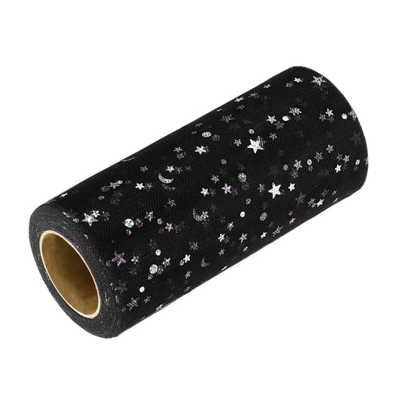 Uxcell Glitter Tulle Ribbon (6 Inch x 25 Yards) - Star Moon Pattern Wide Mesh Ribbon Sparkle Fabric Tulle Rolls, for DIY Tutu Skirt Bow Wedding Decor Gift Wrapping, Black