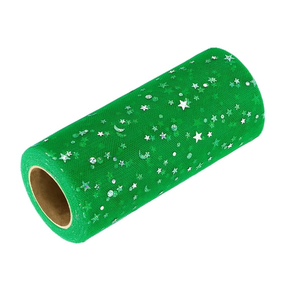 Uxcell Glitter Tulle Ribbon (6 Inch x 25 Yards) - Star Moon Pattern Wide Mesh Ribbon Sparkle Fabric Tulle Rolls, for DIY Tutu Skirt Bow Wedding Decor Gift Wrapping, Green