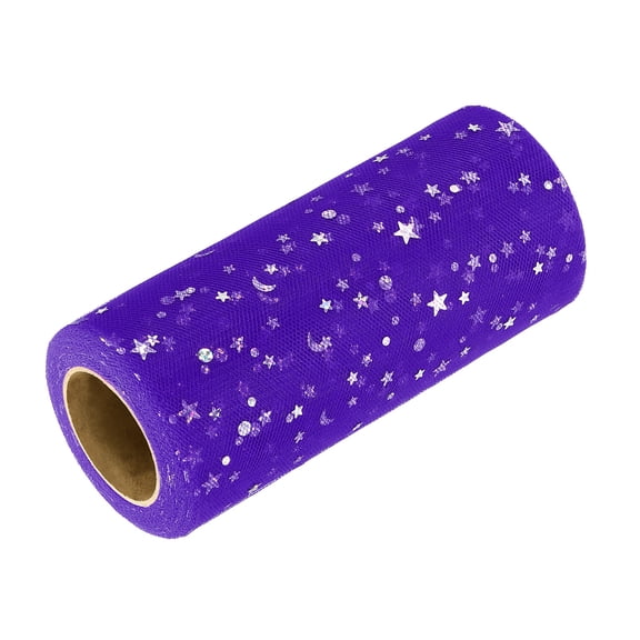 Uxcell Glitter Tulle Ribbon (6 Inch x 25 Yards) - Star Moon Pattern Wide Mesh Ribbon Sparkle Fabric Tulle Rolls, for DIY Tutu Skirt Bow Wedding Decor Gift Wrapping, Dark Purple