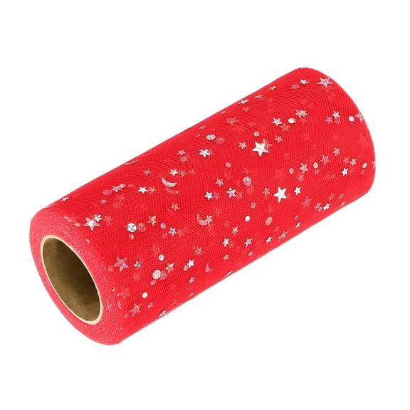 Uxcell Glitter Tulle Ribbon (6 Inch x 25 Yards) - Star Moon Pattern Wide Mesh Ribbon Sparkle Fabric Tulle Rolls, for DIY Tutu Skirt Bow Wedding Decor Gift Wrapping, Red