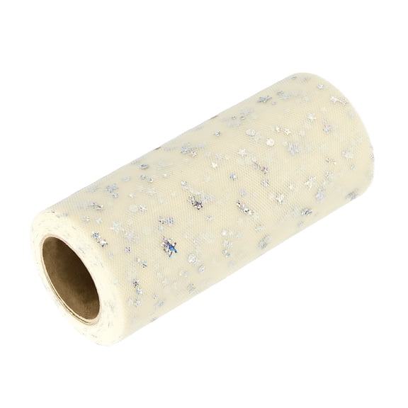 Uxcell Glitter Tulle Ribbon (6 Inch x 25 Yards) - Star Moon Pattern Wide Mesh Ribbon Sparkle Fabric Tulle Rolls, for DIY Tutu Skirt Bow Wedding Decor Gift Wrapping, Beige