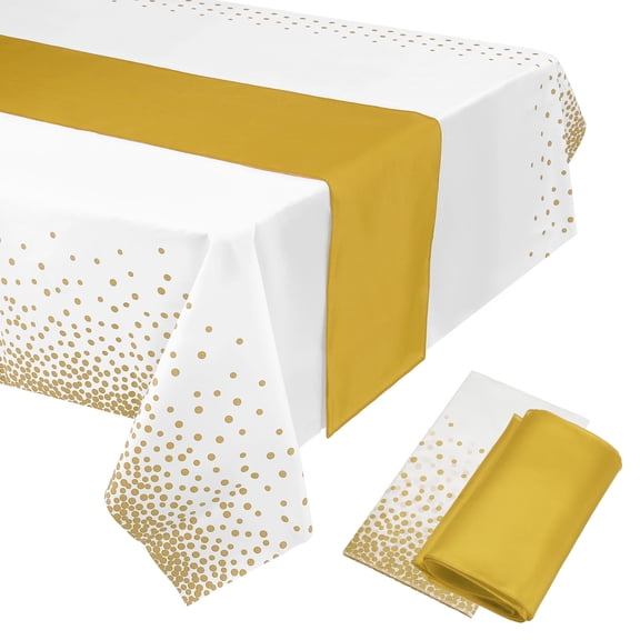 Uxcell Gold Table Runner w White Disposable Plastic Tablecloths 54 x 108" Gold Dots for Wedding Parties 1 Set