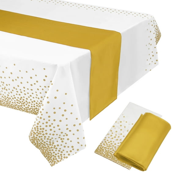 Uxcell Gold Table Runner w White Disposable Plastic Tablecloths 54 x 108" Gold Dots for Wedding Parties 2 Set
