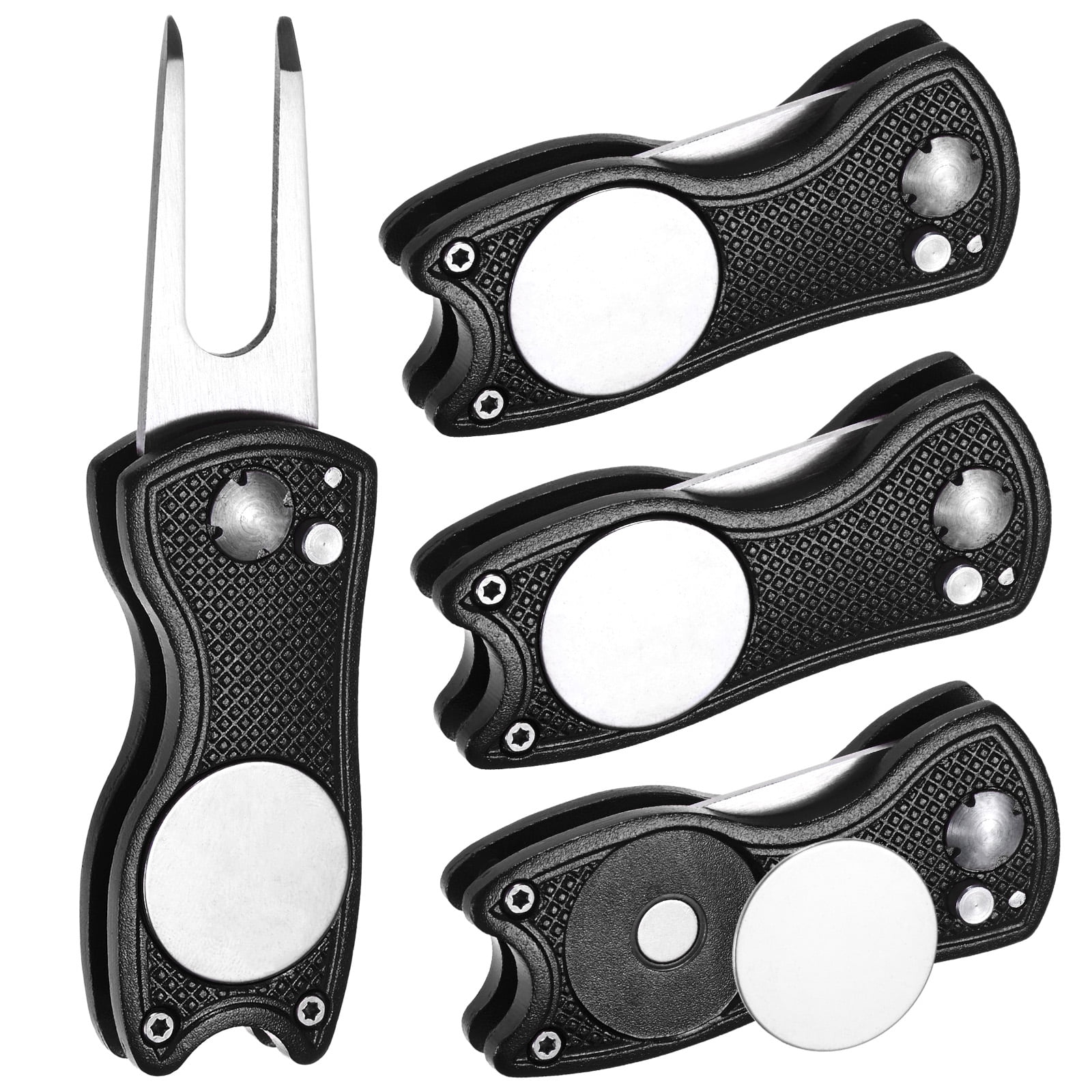 Uxcell Golf Divot Repair Tool [4PCS] - Switch Foldable Divot Tool Rack with Magnetic Ball Marker - [Black] Green Fork Tines