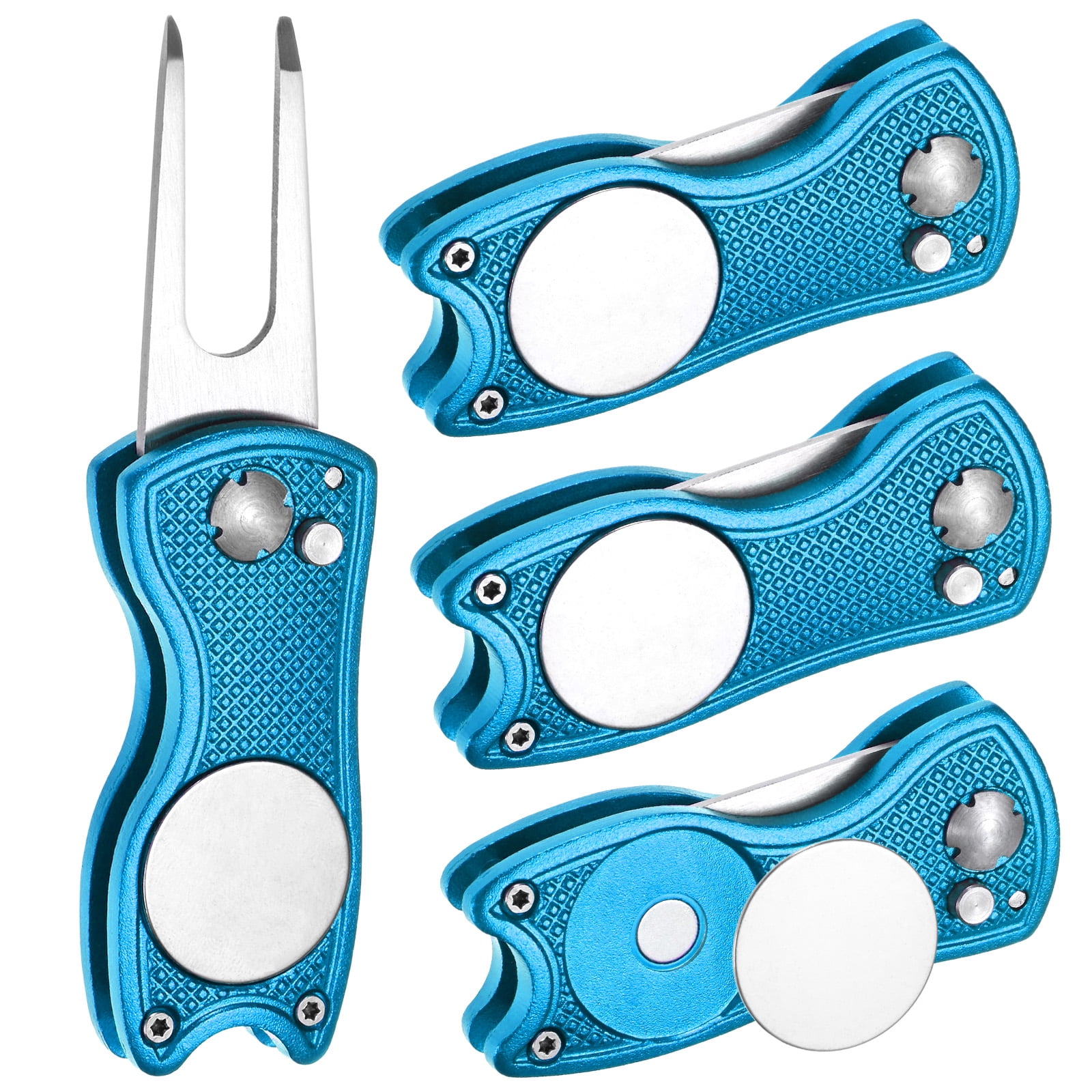 Uxcell Golf Divot Repair Tool [4PCS] - Switch Foldable Divot Tool Rack with Magnetic Ball Marker - [Blue] Green Fork Tines