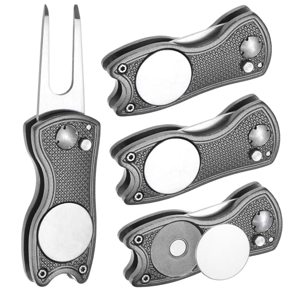 Uxcell Golf Divot Repair Tool [4PCS] - Switch Foldable Divot Tool Rack with Magnetic Ball Marker - [Gray] Green Fork Tines