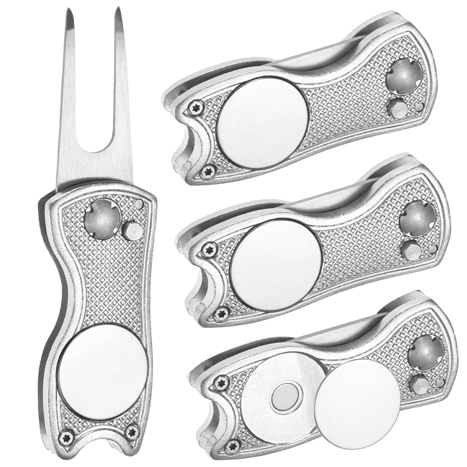 Uxcell Golf Divot Repair Tool [4PCS] - Switch Foldable Divot Tool Rack with Magnetic Ball Marker - [Silver] Green Fork Tines