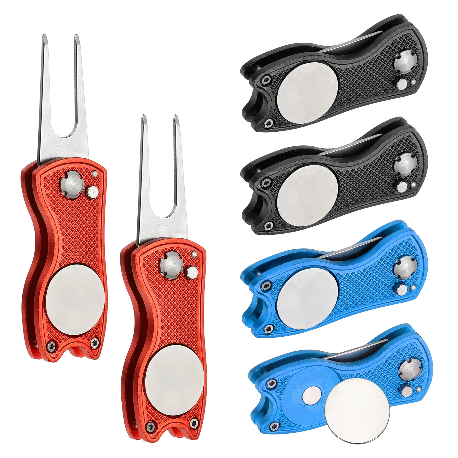 Uxcell Golf Divot Repair Tool, Foldable Metal Golf Green Divot Tool with Magnetic Ball Marker & Stainless Steel Fork Blue/Red/Black