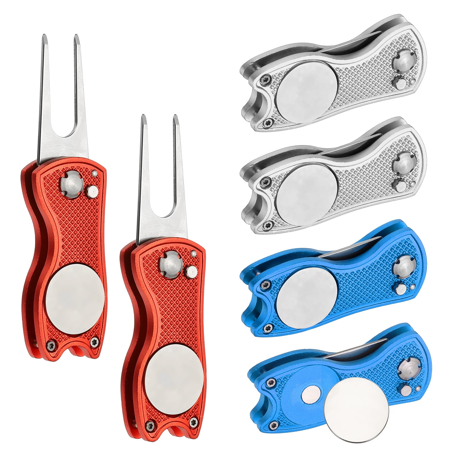 Uxcell Golf Divot Repair Tool, Foldable Metal Golf Green Divot Tool with Magnetic Ball Marker & Stainless Steel Fork Blue/Red/Silver
