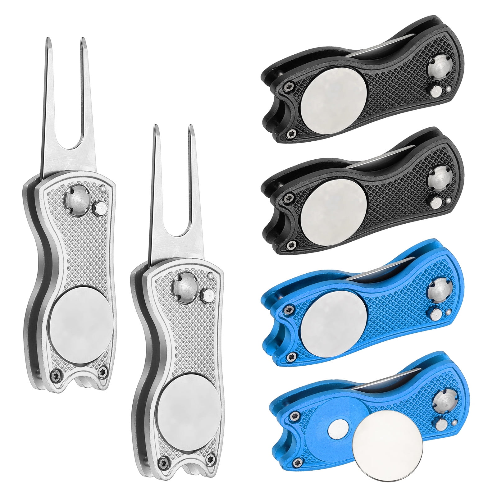 Uxcell Golf Divot Repair Tool, Foldable Metal Golf Green Divot Tool with Magnetic Ball Marker & Stainless Steel Fork Blue/Silver/Black