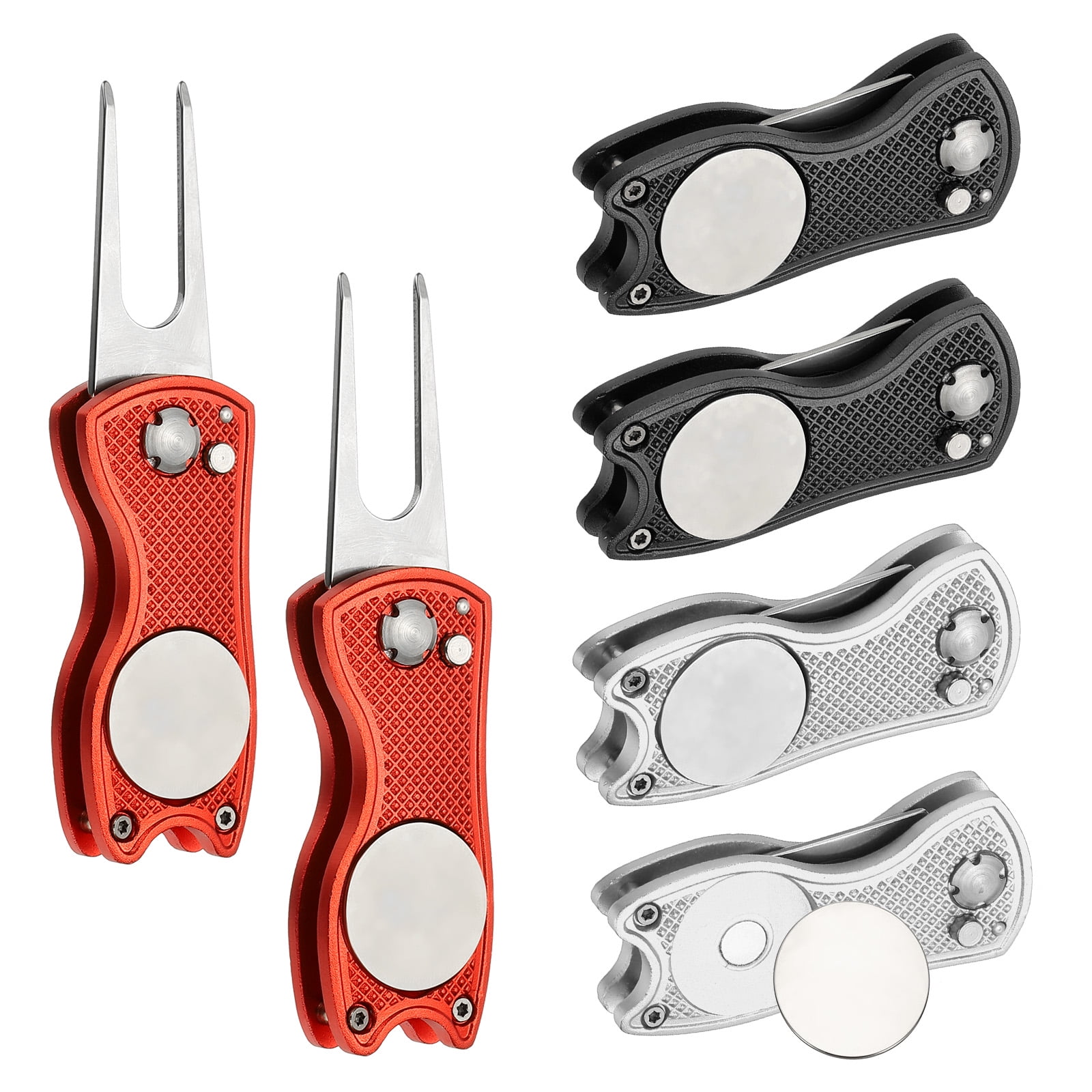 Uxcell Golf Divot Repair Tool, Foldable Metal Golf Green Divot Tool with Magnetic Ball Marker & Stainless Steel Fork Silver/Red/Black