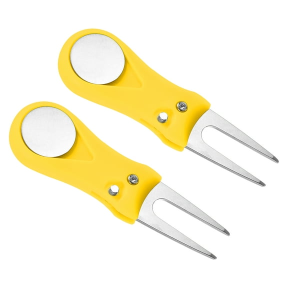 Uxcell Golf Divot Tool, 2 Pack of Foldable Repair Fork Training Accessory for Golf Sport , Yellow