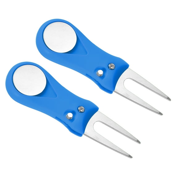 Uxcell Golf Divot Tool, 2 Pack of Foldable Repair Fork with Button Ball Marker Training Accessory for Golf Sport , Blue