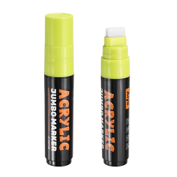 Uxcell Grass Yellow Poster Markers, 2 Pcs Permanent Waterproof Markers Large Acrylic Paint Pen 15mm Felt Wide Tip on Canvas Glass Wood Ceramic Rock for Painting, Sign Graffiti Creations