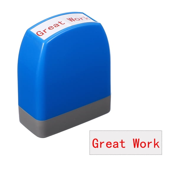 Uxcell Great Work Teacher Stamps, 2.1x1.7x0.9 Inch Homework Stamper, Teacher Grading Office Photosensitive Stamp with Red Ink for Homework Documents Checks, Blue Casing