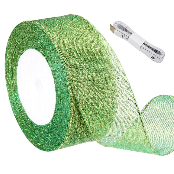 Uxcell Green Glitter Ribbon (25 Yards, 1-4/7" Wide) with Gold Thread Sparkly Metallic Fabric Ribbons - Sparkly Practical, for Gift Wrapping Balloons Crafts DIY Decor Holiday