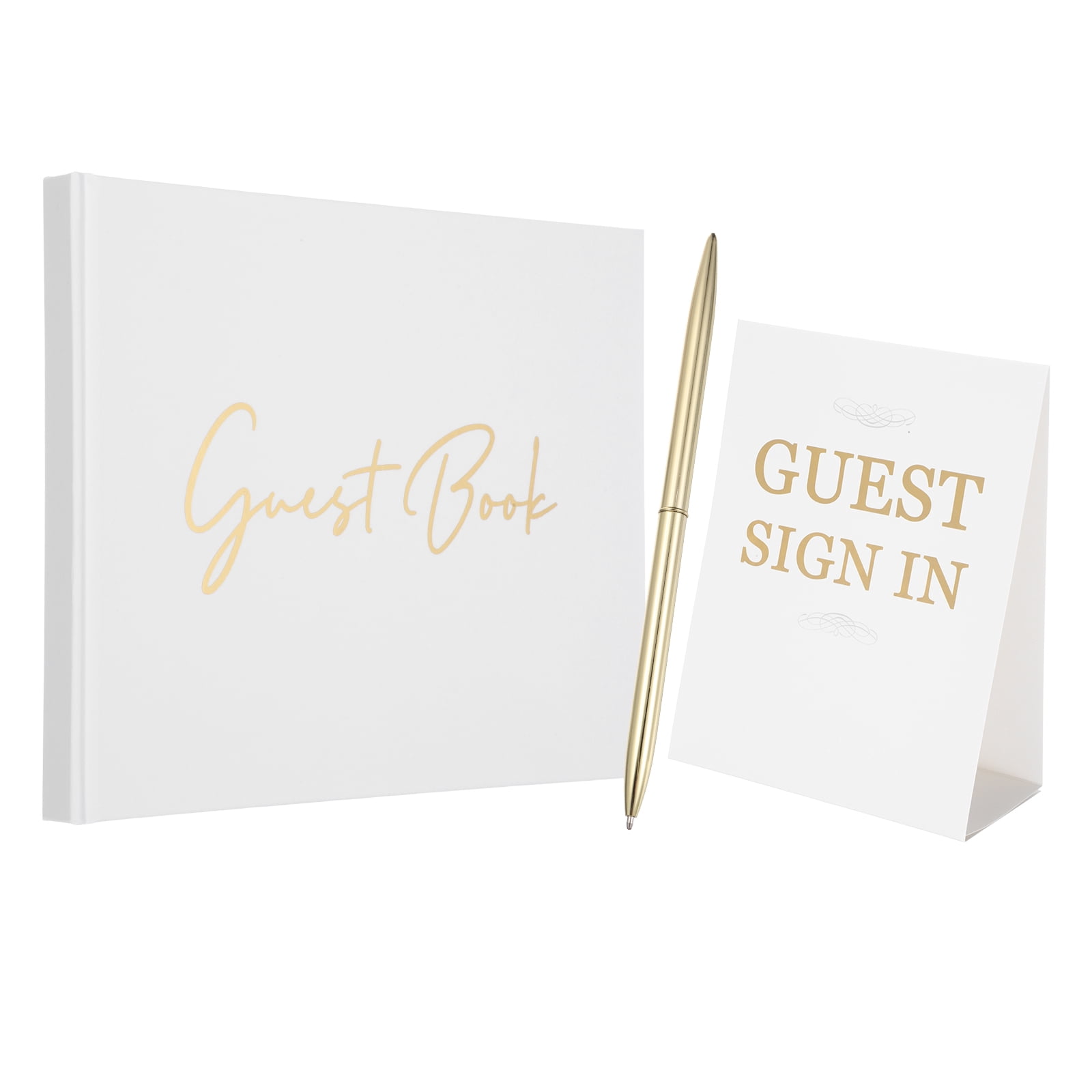 Uxcell Guest Book, 9x7" Elegant Wedding Guestbook Golden Cover Memory Book with Diamond Signing Pen and Greeting Card for Wedding Bridal Shower Birthday Party Events, Gold Tone