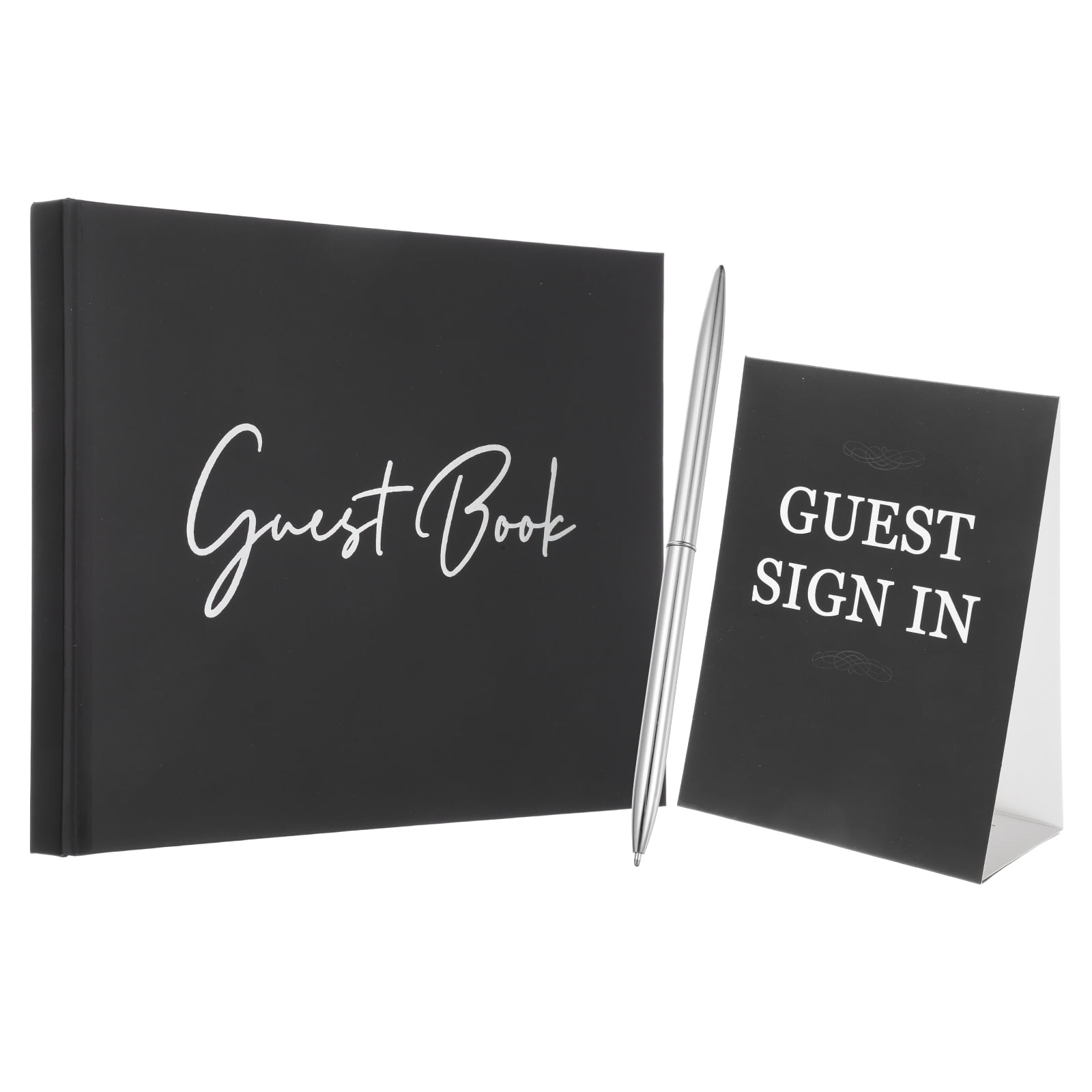 Uxcell Guest Book, 9x7" Elegant Wedding Guestbook Black Cover Memory Book with Diamond Signing Pen and Greeting Card for Wedding Bridal Shower Birthday Party Events, Silver Tone