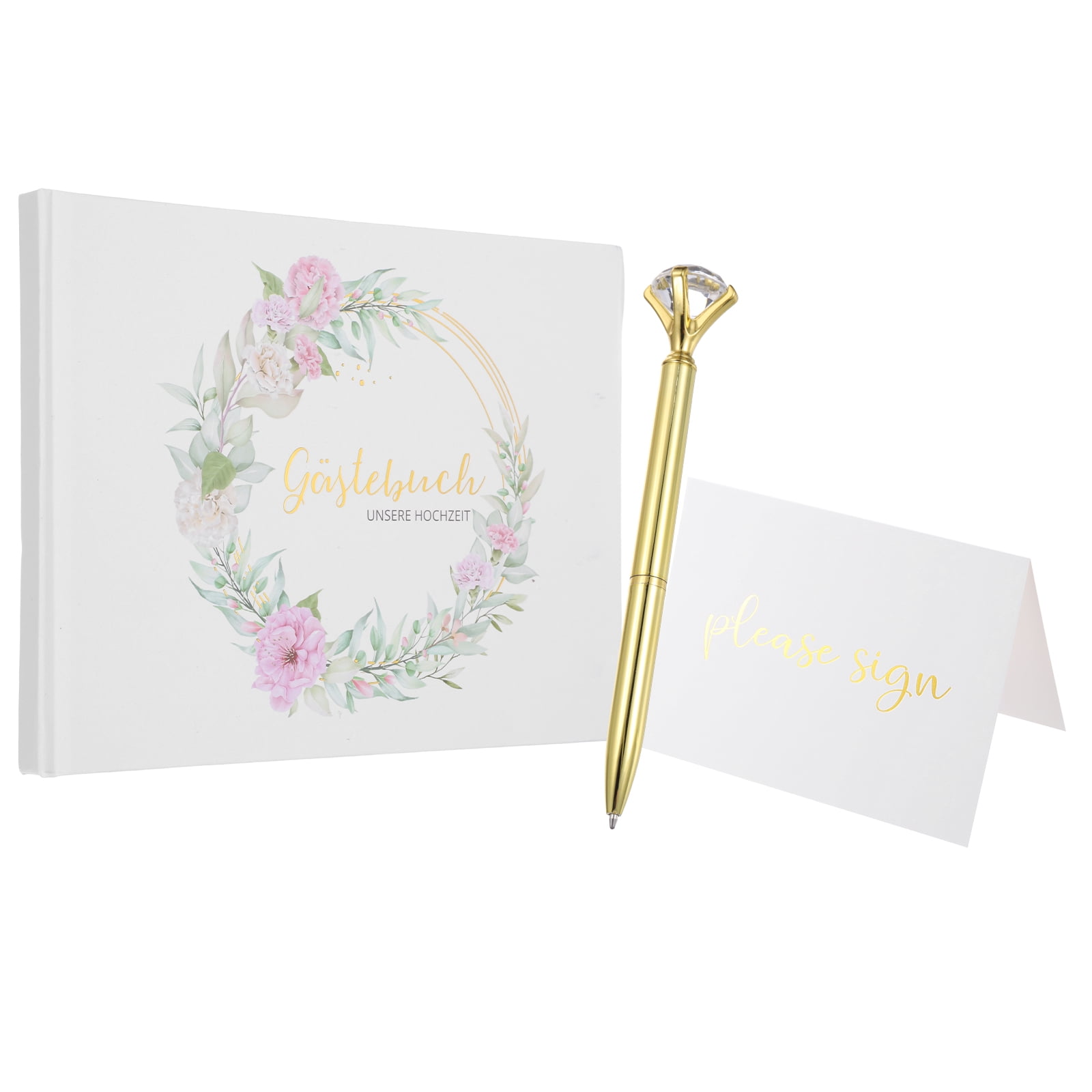 Uxcell Guest Book, 9.3x7" Elegant Wedding Guestbook German Wreath Cover Memory Book with Diamond Signing Pen and Greeting Card for Wedding Bridal Shower Birthday Party Events, Gold Tone