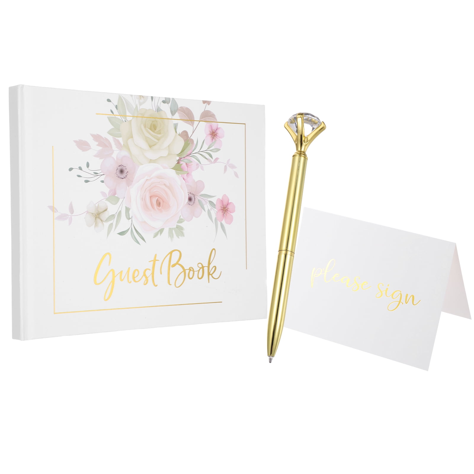 Uxcell Guest Book, 9.3x7" Elegant Wedding Guestbook Colorful Bouquet Cover Memory Book with Diamond Signing Pen and Greeting Card for Wedding Bridal Birthday Party Events, Gold Tone