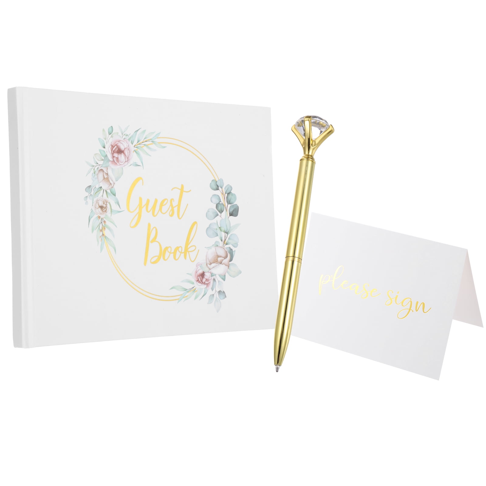 Uxcell Guest Book, 9.3x7" Elegant Wedding Guestbook Flower Wreath Cover Memory Book with Diamond Signing Pen and Greeting Card for Wedding Bridal Shower Birthday Party Events, Gold Tone