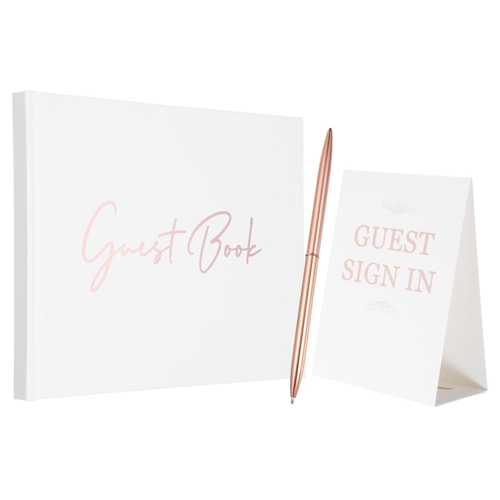 Uxcell Guest Book, 9x7" Elegant Wedding Guestbook Pink Cover Memory Book with Diamond Signing Pen and Greeting Card for Wedding Bridal Shower Birthday Party Events, Rose Gold