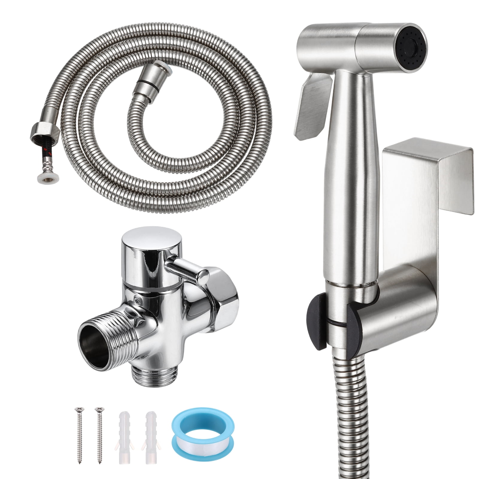 Uxcell Handheld Toilet Bidet Sprayer, 304 Stainless Steel Toilet Sprayer with Bidet Hose, No-drill Adjustable Jet Water Pressure Control for Women Wash Diapers Washing, Brushed Silver