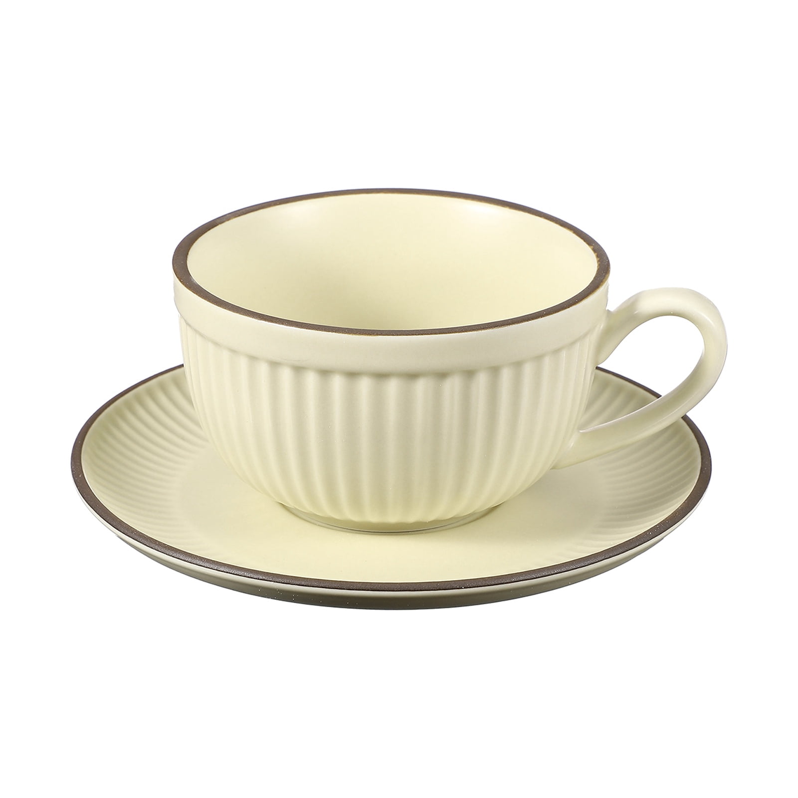 Uxcell Handmade Vintage Espresso Cups, 9.5 oz Stripe Coffee Cups and Saucers Ceramic Tea Cup with Handle Dishwasher and Microwave Safe for Latte Cappuccino Milk Office Home Gifts, Beige