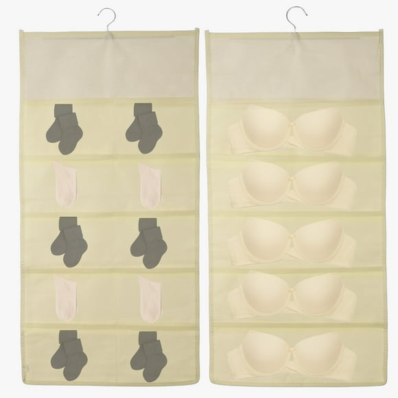 Hanging Closet Organizer, Bra Storage Hanging Bag Double-Sided Storage Hanging Storage Shelves for Underwear Socks Closets Bedroom Bathroom, Beige (5+10 Pockets)