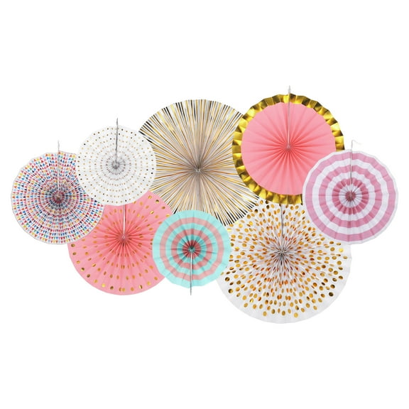 Uxcell Hanging Paper Fans Party Set 8Pcs Round Pattern Hanging Paper Fans Decoration for Birthday(Pink Gold White)