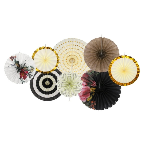 Uxcell Hanging Paper Fans Party Set 8Pcs Round Pattern Hanging Paper Fans Decoration for Birthday Wedding(Black Gold)