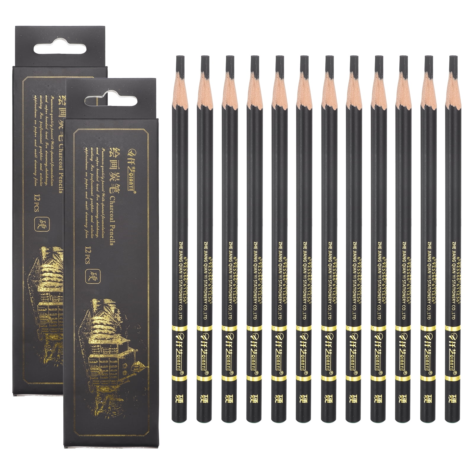 Uxcell Hard Charcoal Pencils for Drawing, 24Pcs Professional Charcoal Pencils Art Supplies Set Oily Black Break-Resistant for Sketching Artists Beginners Shading Blending