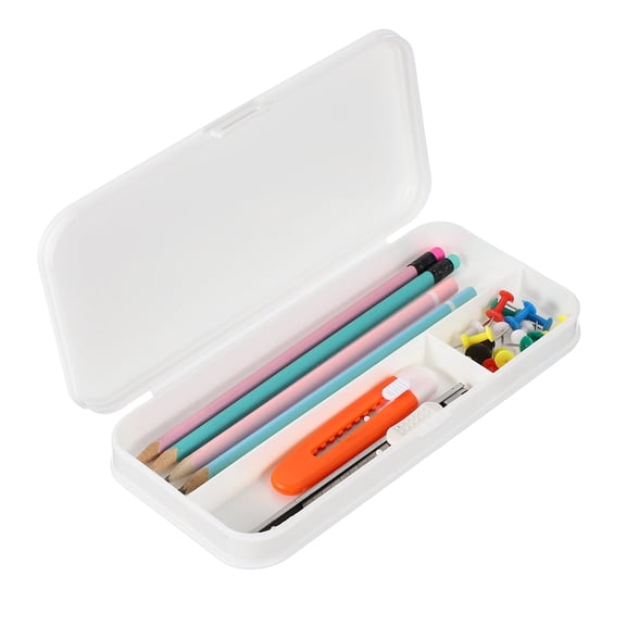 Uxcell Hard Plastic Pencil Case, 8.07 x 3.74 x 1.18" Snap Lid Pen Holder Pencil Storage Box for Pens Markers Erasers Rulers Refills Sharpeners Correction Tape Staplers, White