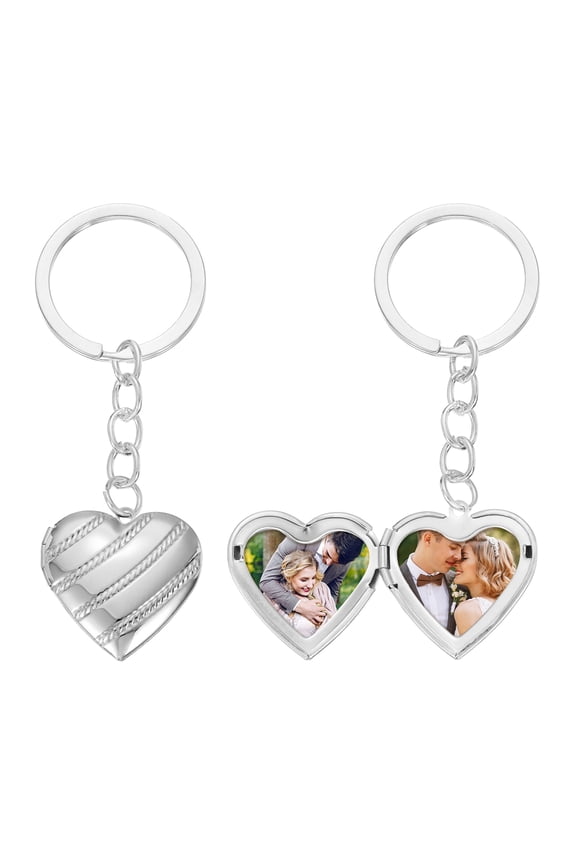 Heart Locket Keychain for Women, Silver Photo Locket Key Chains Stainless Steel Glossy Heart Picture Pendant with Gift Box, Diagonal Stripe, for Birthday Valentines, 27x28.5mm