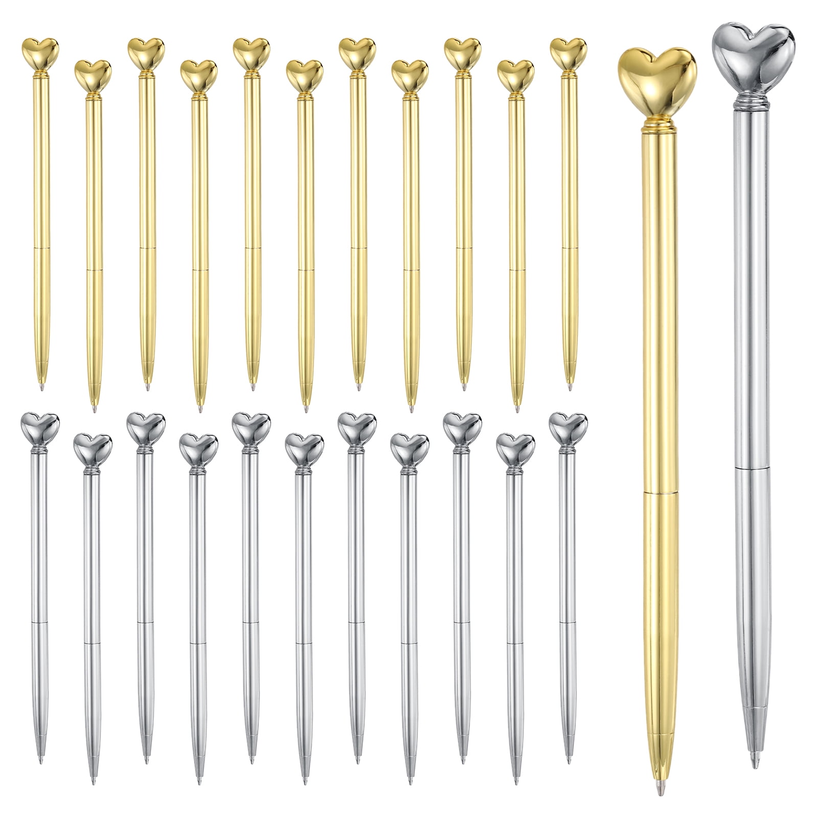 Uxcell Heart Pens 1.0 mm Black Ink, 24 Pcs Metal Cute Pens Heart Ballpoint Retractable for Women Wedding Office Party, Electroplated Gold/Electroplated Silver
