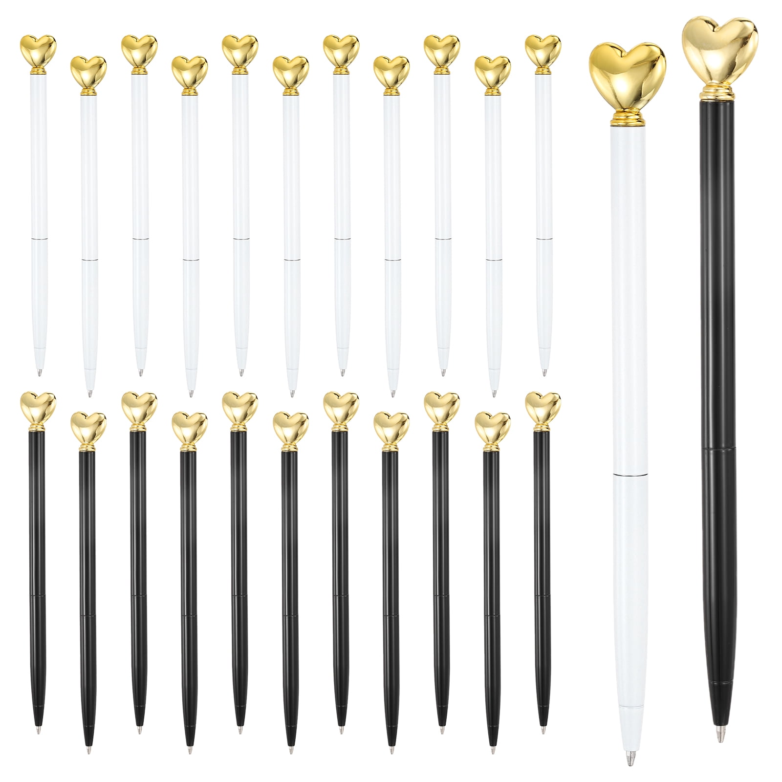 Uxcell Heart Pens 1.0 mm Black Ink, 24 Pcs Metal Cute Pens Heart Ballpoint Retractable for Women Wedding Office Party, White/Black/Gold
