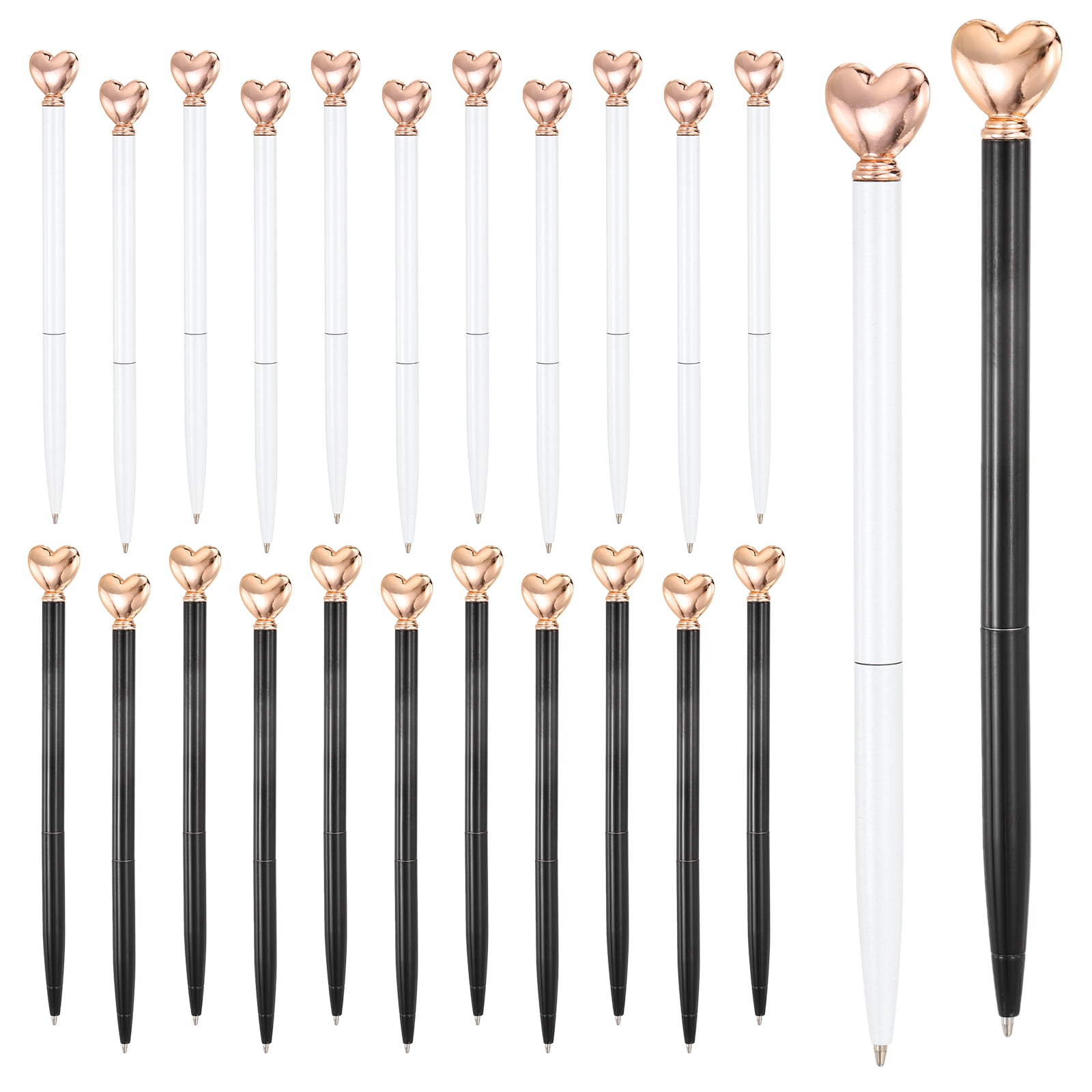 Uxcell Heart Pens 1.0 mm Black Ink, 24 Pcs Metal Cute Pens Heart Ballpoint Retractable for Women Wedding Office Party, White/Black/Rose Gold