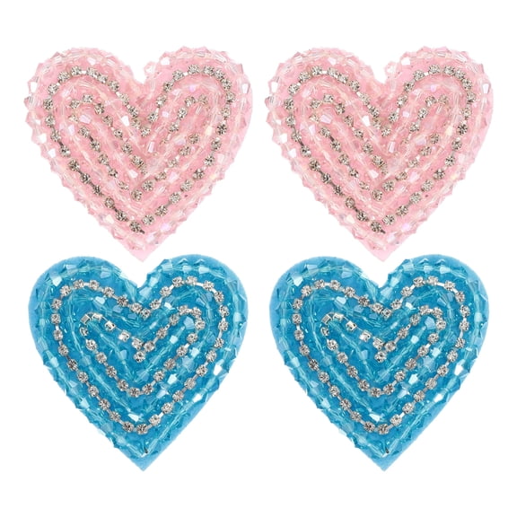 Uxcell Heart Rhinestone Patches, 4 Pcs Heart Patches Sew on Applique Patches, Pink Light Blue