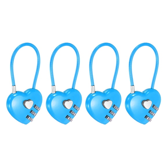 Uxcell Heart Shaped Combination Padlock (4.3 Inch, Blue)(4 Pcs), 3-Digit Combo Padlock Love Locks with Steel Wire Rope, Suit for Gym Locker/Fence/Luggage/Storage/Backpack/Toolbox/Cabinets