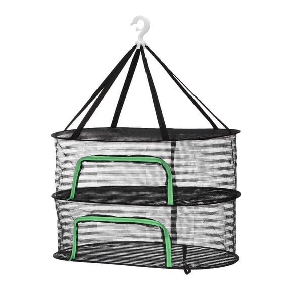 Uxcell Herb Drying Rack, 24" 2-Layer Hanging Mesh Net Foldable Collapsible Drying Rack with Zipper for Herbs Flowers Vegetables Fish Clothes Grow Tents Outdoor Garden Home Use, Black