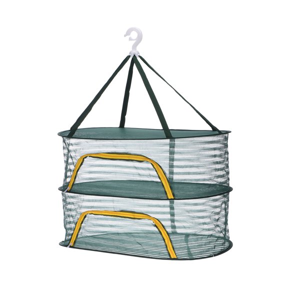 Uxcell Herb Drying Rack, 24" 2-Layer Hanging Mesh Net Foldable Collapsible Drying Rack with Zipper for Herbs Flowers Vegetables Fish Clothes Grow Tents Outdoor Garden Home Use, Green
