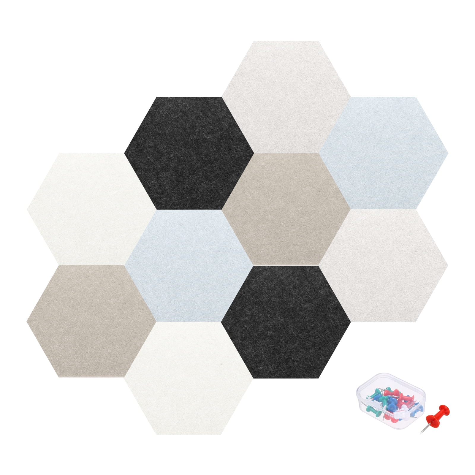 Uxcell 10 Pcs B1 Hexagon Acoustic Panels with Push Pins 6.1'' x 7.01'' Black Dark Brown Bright Gray Light Brown White