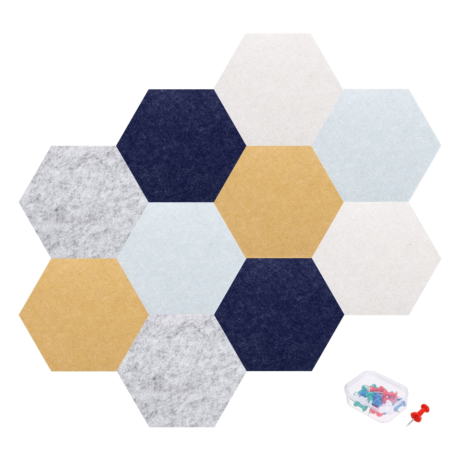 Uxcell 10 Pcs B1 Hexagon Acoustic Panels with Push Pins 6.1'' x 7.01'' Dark Blue Yellow Gray Light Gray Light Brown