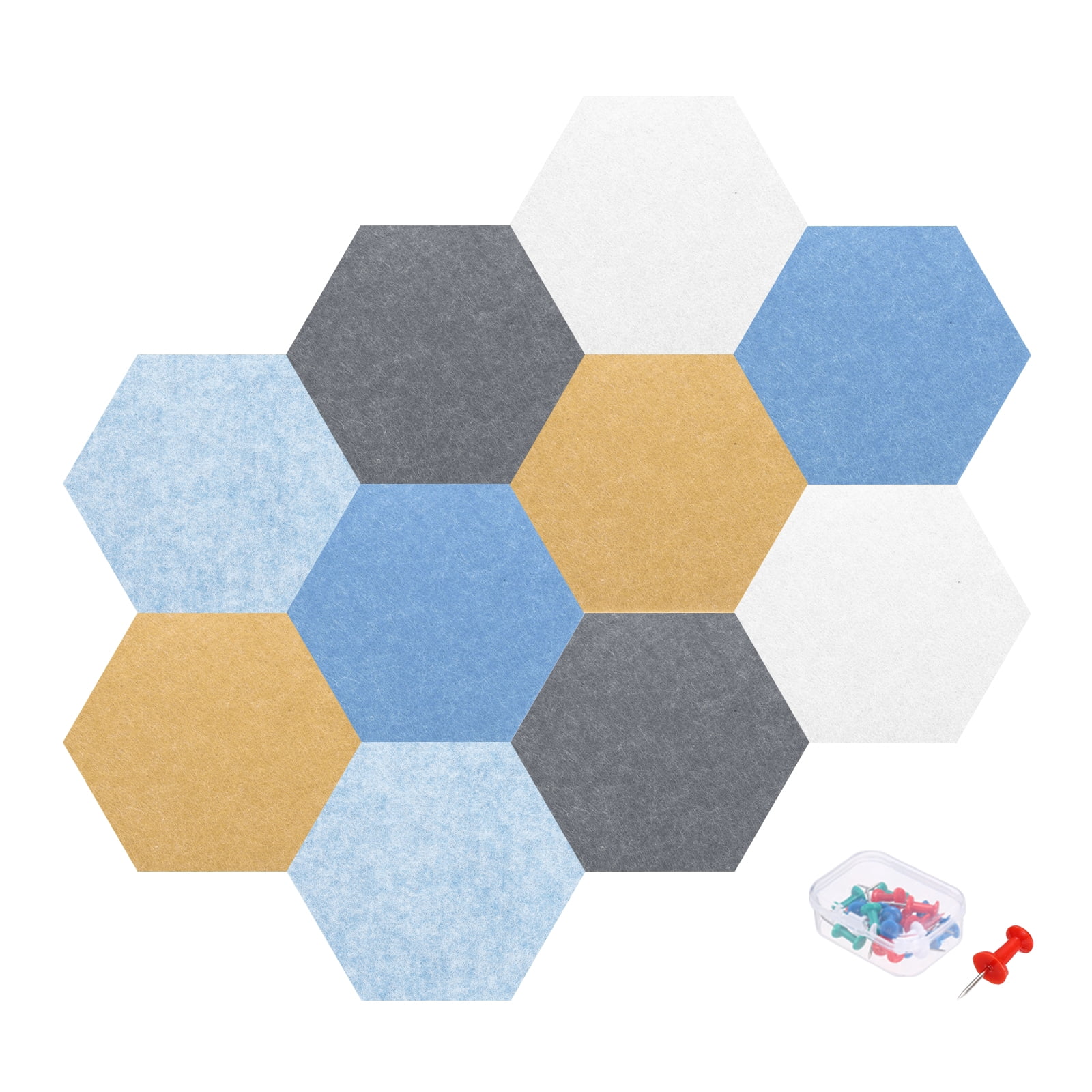 Uxcell 10 Pcs B1 Hexagon Acoustic Panels with Push Pins 6.1'' x 7.01'' Light Blue Yellow Sky Blue Gray White