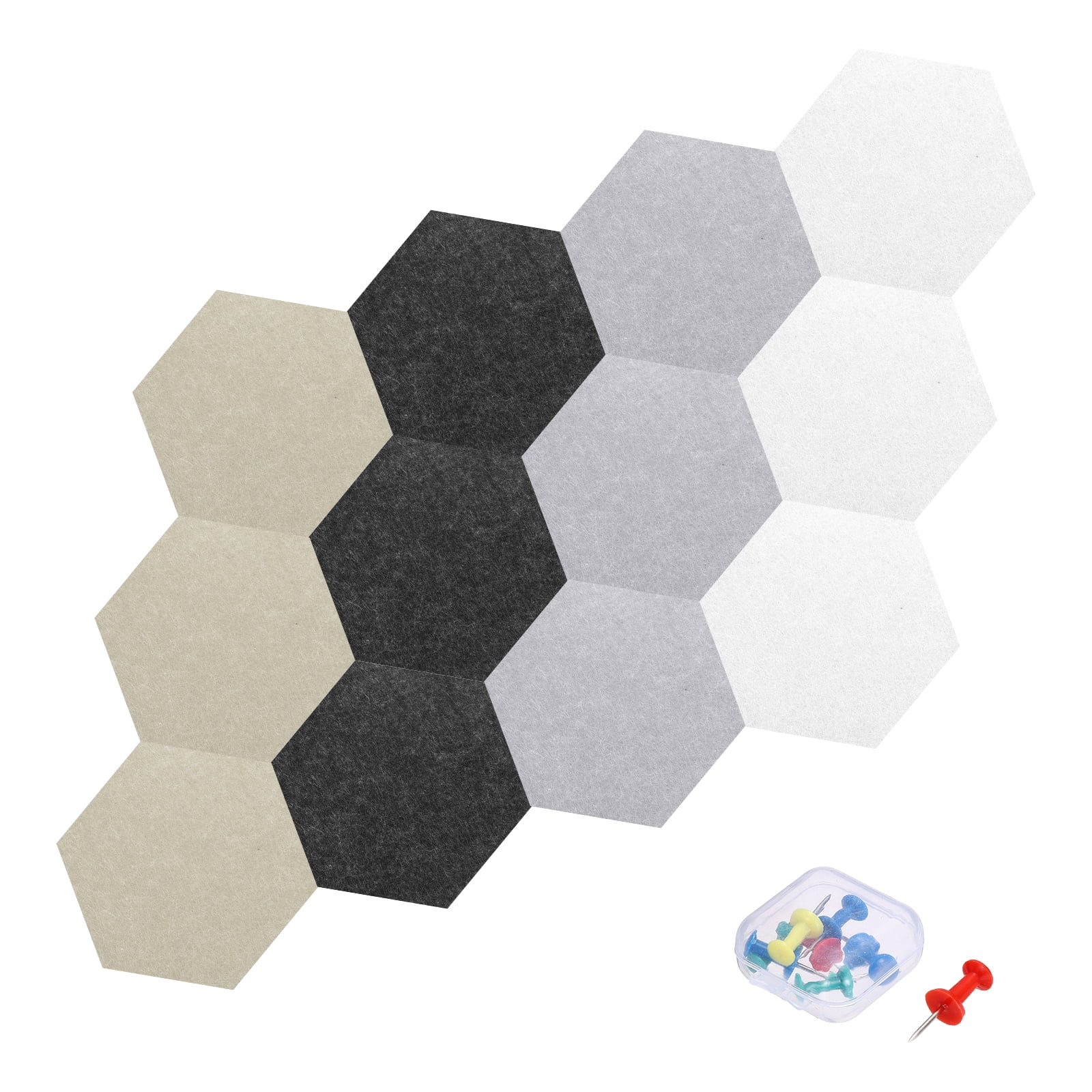Uxcell 12 Pcs Polyester Fiber Hexagon Acoustic Panels with Push Pins 7.87'' x 6.89'' Black White Bright Gray Dark Brown