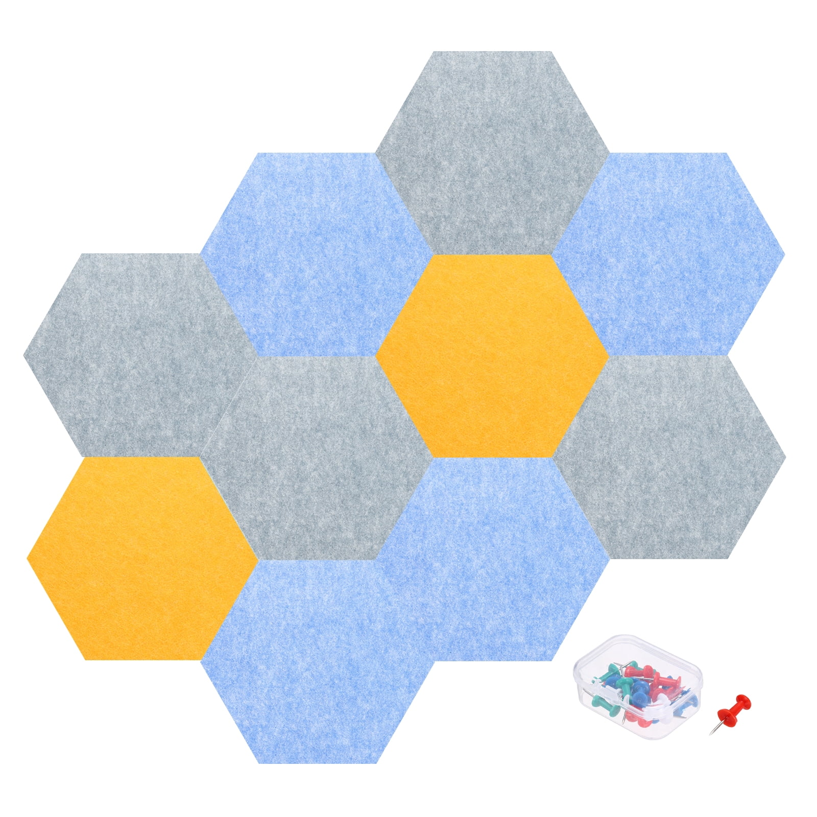 Uxcell 10 Pcs B1 Hexagon Acoustic Panels with Push Pins 11.81'' x 10.24'' Bright Gray Orange Light Blue