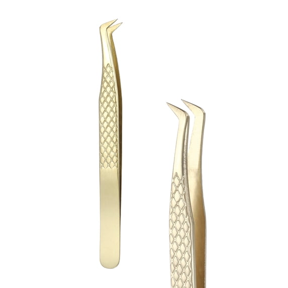 Uxcell High Precision Eyelash Tweezers Stainless Steel Anti-Static Curved Tip Lash Extensions Tweezers Casual Beauty Tools for Eyelash Extensions, Gold