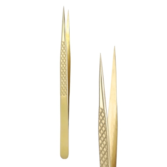 Uxcell High Precision Eyelash Tweezers Stainless Steel Anti-Static Thin Curved Tip Lash Extensions Tweezers Casual Beauty Tools for Eyelash Extensions, Gold