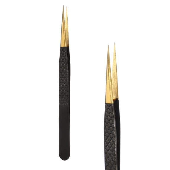 Uxcell High Precision Lash Tweezers, 5.3"(135mm) Stainless Steel Eyelash Extensions Tweezer Casual Beauty Tools for Eyelash Extensions, Black Gold